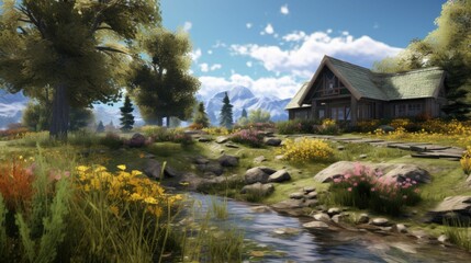 Small wooden house in mountains with beautiful landscape and flowers near the river.