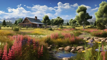 Obraz premium A beautiful landscape image of a small cabin in the mountains. The cabin is surrounded by a lush green meadow, with a stream running through it.