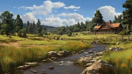 Fototapeta premium A beautiful landscape image of a cabin in the mountains. The cabin is made of wood and has a large porch.