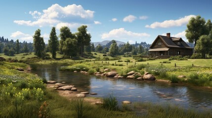 Obraz premium A beautiful landscape with a river, a house, and mountains in the background. The river is in the foreground, with a small wooden bridge crossing it.