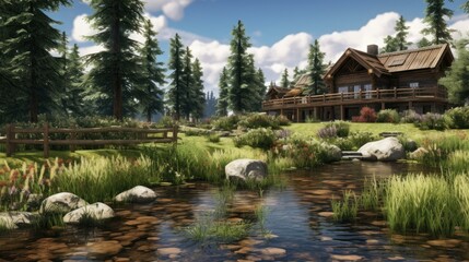 Obraz premium A beautiful landscape image of a log cabin in the mountains.
