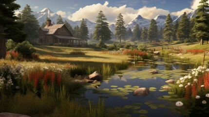 A tranquil setting of a house by the lake surrounded by a lush green landscape with mountains in the distance.