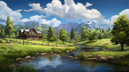 Fototapeta premium A beautiful landscape of a house in the mountains. The house is made of wood and has a large porch.