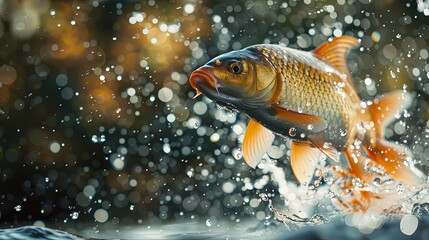 A golden fish leaps from the water, surrounded by sparkling droplets, against a natural backdrop....