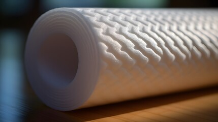 Close-up of a foam roller, textured surface, cylindrical shape, deep grooves, natural lighting, blurred background