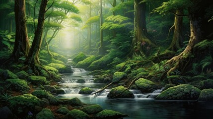 The lush green forest is full of mystery and wonder. The sunlight filters through the dense foliage, creating a dappled pattern on the forest floor.