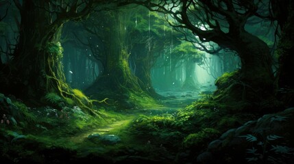 The lush green forest is full of mystery and wonder. The trees are tall and majestic, the leaves a vibrant green.
