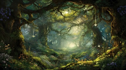 The mystical atmosphere of the enchanted forest is captured in this enchanting image.