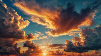 Fototapeta premium The sun cast rays from behind colorful dramatic clouds at sunset.