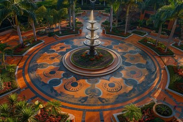 Bird s eye view of park showcasing intricate pathway layout and decorative elements