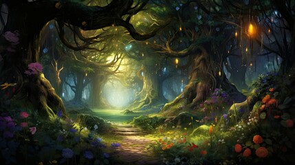 Naklejka premium The image is a beautiful digital painting of a forest. The forest is full of tall trees, green leaves, and colorful flowers.
