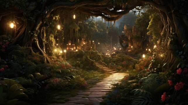 The image is a beautiful depiction of a magical forest. The path leading into the forest is surrounded by lush greenery and colorful flowers.