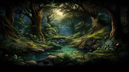 The sun shines through the tall trees of the magical forest.