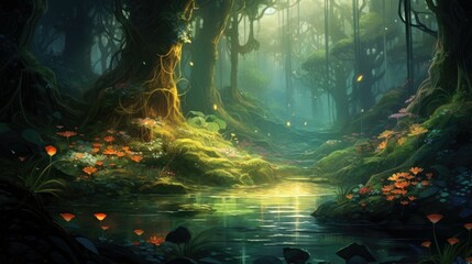 Mystical forest with a river flowing through it. The trees are tall and the leaves are a lush green.