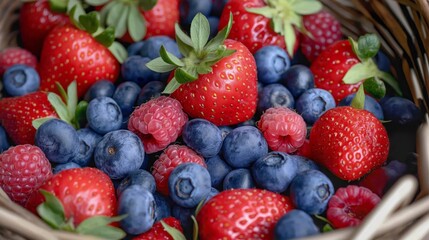 Close-up of a basket of berries: strawberries, blueberries and raspberries