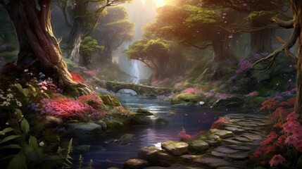A beautiful and enchanting forest with a crystal clear river running through it. The trees are tall and majestic, and the leaves are a lush green.