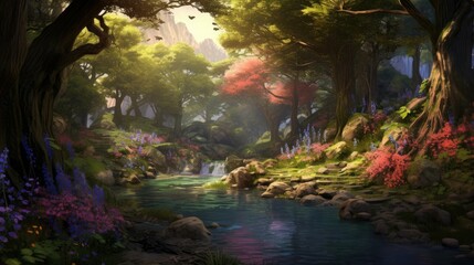 A beautiful landscape of a lush green forest with a crystal clear river running through it.
