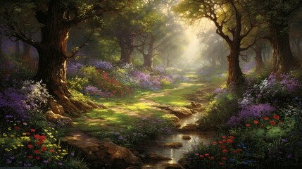 A beautiful forest path with a stream running through it. The trees are tall and majestic, and the flowers are in full bloom.