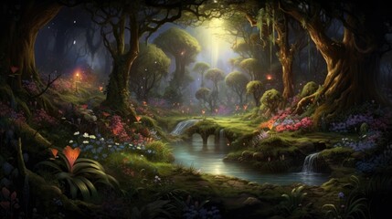 Mystical forest with a river, flowers and a small bridge. The sun shines through the trees. The atmosphere is magical and enchanting.