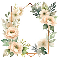 Obraz premium Watercolor floral geometric shape frame with beige flowers and green leaves on white background.