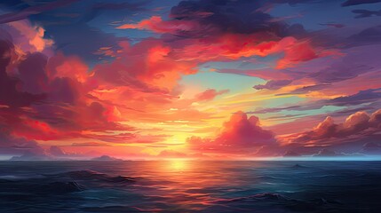 A beautiful sunset over the ocean. The sky is ablaze with color, and the water is calm and still.