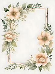 Obraz premium Watercolor floral geometric shape frame with beige flowers and green leaves on white background.