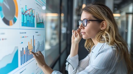 Businesswoman Analyzing Data on Interactive Screen