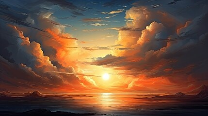 A beautiful sunset over the ocean. The sky is ablaze with color, and the clouds are reflected in the water.