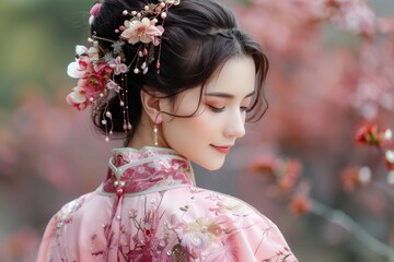 Elegant woman in traditional clothing adorned with floral hair accessories