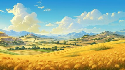 A beautiful landscape of a wheat field with a distant castle. The sky is blue and there are white clouds. The wheat is ripe and ready to be harvested.
