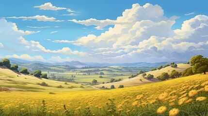 Fototapeta premium A beautiful landscape of a valley with rolling hills covered in yellow flowers under a blue sky with white clouds.