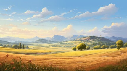 Tranquil golden rolling hills landscape with a distant mountain range. The sky is blue and dotted with fluffy white clouds.