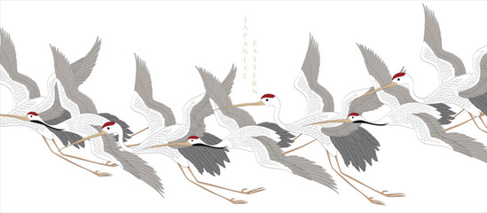 Crane birds or herons element vector. Hand drawn animal  decorations in vintage style. Watercolor painting with art abstract backgroud design.