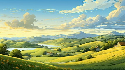 Fototapeta premium The image is of a beautiful landscape with a lake, rolling hills, and a blue sky.