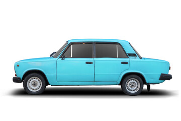 A side view of a soviet blue car 