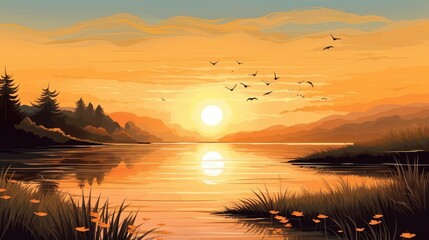 The setting sun casts a golden glow on the lake, while the birds fly overhead.