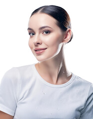 Fashion portrait of a confident woman showcasing beauty and elegance in a dress, isolated in PNG format with a transparent background.