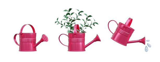 Set of red watering cans isolated on white background. plants, watering, gardening, watering can. spring icons. 3d illustration. © oksana_blestyashka