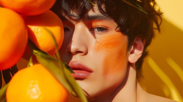 Close-up of a young man with artistic orange makeup posing with fresh oranges against a vibrant yellow background, highlighting a creative and colorful concept