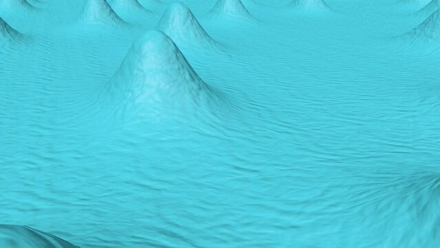 Abstract waves of soft blue matte material with light inner glow and glitters on morphing surface. Abstract geometric surface like landscape or terrain, extrude or displace 3d noise. Loop 4k