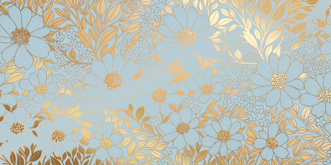 Golden Metallic Foiled Contour Flowers and Leaves on Starlight Blue Background. Luxurious Art Deco Wallpaper Design for Print, Poster, Cover, Banner, Invitation, Package, Beauty Products.