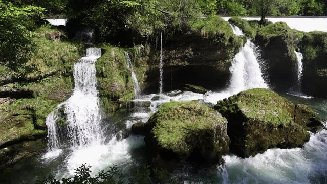Traun River cascades down the Traun falls at Roitham, Austria