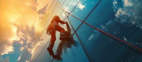 Fototapeta premium Window Cleaner Scaling Glass Skyscraper with Safety Gear at Sunset