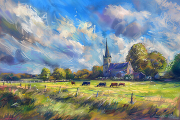 Fototapeta premium Charming Countryside Landscape with Grazing Cows in a Lush Field Next to a Historic Church Under a Vibrant Sky
