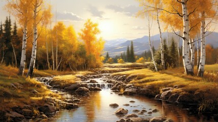 Naklejka premium A beautiful landscape of a river flowing through a forest in the fall.