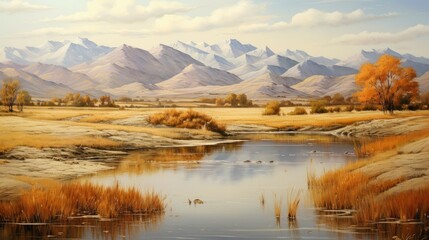 Fototapeta premium The image is of a beautiful landscape with a river in the foreground, mountains in the background, and trees on the banks of the river.