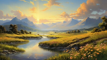A beautiful landscape image of a river flowing through a valley with mountains in the distance. The sky is a clear blue with white clouds.
