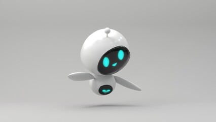 Friendly cute cartoon robot - 3d render. Technology concept. Customer support chatbot, online consultant, assistant. Kawaii bot with smiling face on the screen. Robotic toy.