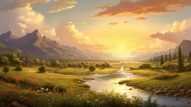 The sun sets over a beautiful landscape. The sky is a deep orange, and the clouds are a light pink. - Powered by Adobe
