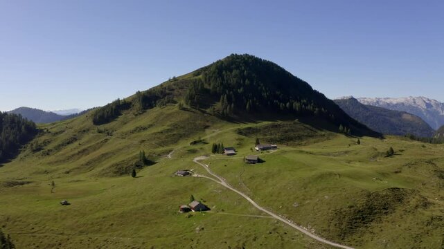 Drone flight over Labenbergalm with Labenberg, Postalm Osterhorn group